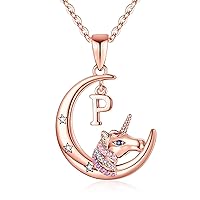 Unicorns Gifts for Girls - 14K White/Rose Gold/Gold Plated Crescent Moon Pendant Unicorn Necklaces for Girls Colorful CZ Initial Unicorn Necklace Jewelry Birthday Gifts Unicorn Gifts for Girls Women