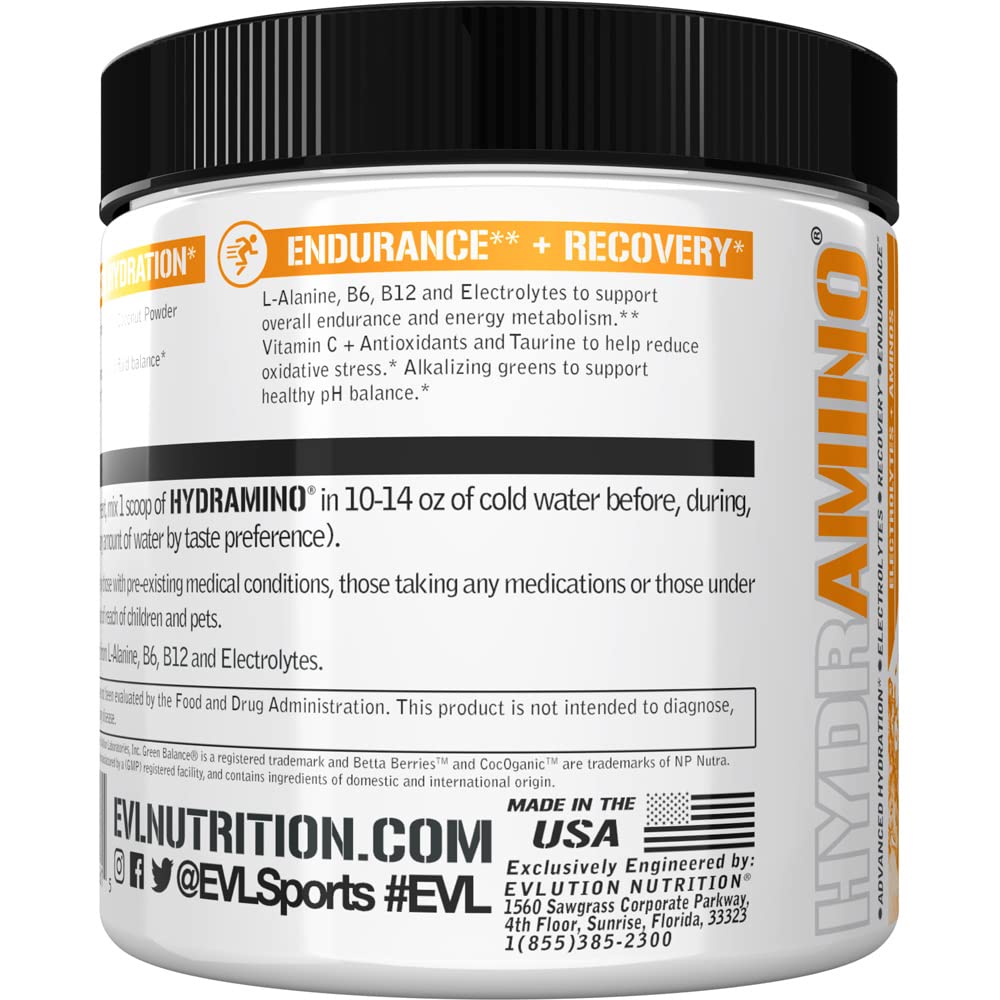 Evlution Nutrition HYDRAMINO Complete Hydration Multiplier, All 6 Electrolytes, Vitamin C & B, Fluid Boosting Aminos, Coconut Water, Endurance, Recovery, Antioxidants, 30 Serve, Orange Mango