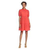 Donna Morgan Women's Smocked Mock Neck Dress with Short Puff Sleeves and Tiered Body with Ladder Trim Detail