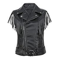 Women’s Black Genuine Sheepskin Vest Tassels Sleeveless Sporty Moto Rider Mid-Western Slim Fit Fringe Leather Waistcoat