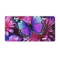 Purple Butterfly and Flower License Plate Cover Car Front License Plates with 4 Holes Stainless Steel Metal Car Plate Tag Funny Novelty Vanity Tag Screw Decorative Men Women