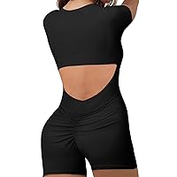SiLing Women V Neck Scrunch Butt Shorts Jumpsuits Backless Short Sleeve Stretch Tummy Control Bodysuit Romper