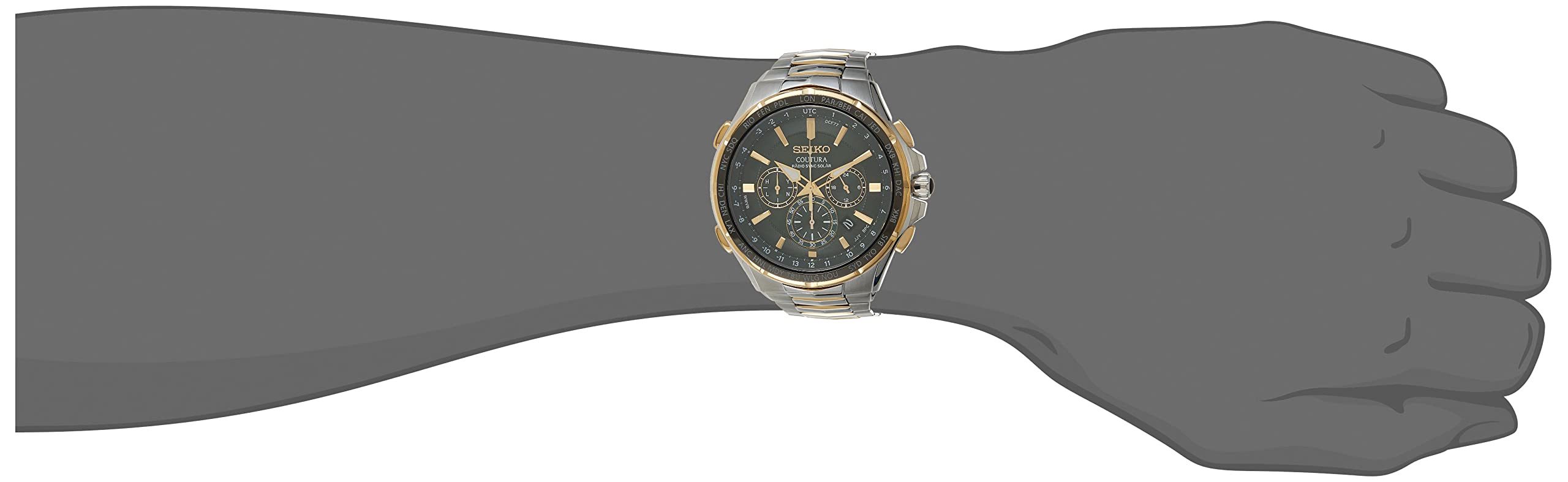 SEIKO SSG022 Watch for Men - Coutura Collection - Radio Sync Solar Chronograph, Two-Tone Case & Bracelet with Gold Accents, Green Dial, and Date Calendar