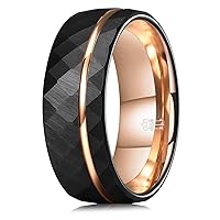THREE KEYS JEWELRY Tungsten Wedding Rings Multi-faceted Hammered 8mm Rose Gold and Black Plated Bands for Men Women
