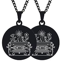 2PCS Mens Womens Compact Cassette Tape Flower Solid Polished Stainless Steel Pendant Necklace Chain