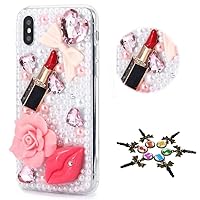 STENES Sparkle Case Compatible with Nokia C300 Case - Stylish - 3D Handmade Bling Girls Lipstick Rose Lips Rhinestone Crystal Diamond Design Cover Case - Pink