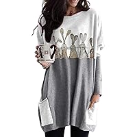GRASWE Summer Long Sleeve Thin T-Shirts for Lady Funny Bunny Rabbit with Leopard Glasses Print Tees Tunic Tops Grey Five Bunny S