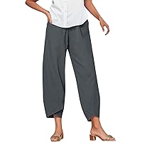 Womens Linen Cotton Palazzo Pants Summer Wide Leg Elastic Pants Baggy Capris Pant Casual Comfy Cropped Pants Soft Lounge Pant