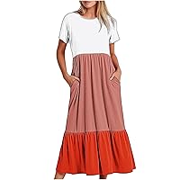 Women's Summer Color Block Dresses Short Sleeve Crewneck Ruffle Hem Maxi Dress Casual Loose Fit Swing A-Line Dress