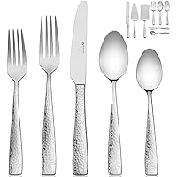 Hudson Essentials 68-Piece Hammered 18/10 Stainless Steel Silverware Cutlery Set with Serving Set and Cake Knife, Flatware Service for 12
