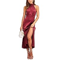 BTFBM Women Elegant Sleeveless Summer Dresses 2023 Halter Neck Backless Satin Dresses Split Solid Color Cocktail Maxi Dress