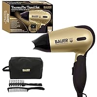 Bauer Professional 38850 Travel Hair Dryer Set / Compact 1200W Travel Hair Dryer with Folding Handle / Carry Case, Hairbrush & Comb / 2 Heat & Speed Settings / Lightweight, Portable, Dual Voltage