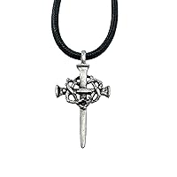 Cross Nail Crown of Thorns Pewter Antique Silver Metal Finish Pendant Black Cord Necklace