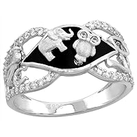 Sterling Silver Micropave CZ Onyx Lucky Charms Ring Evil Eye Elephant Owl no. 7 Clover Rhodium Finish size 6-9