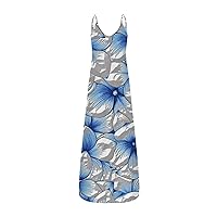 Womens Vintage Dresses Summer Printed Sexy Round Neck Sling Long Dress Stretch Dress Plus Size Beach Dress