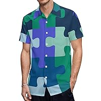 Jigsaw Puzzle Pieces Men's Short Sleeve Shirt Casual Loose Button Down Shirts for Work Beach Vacation
