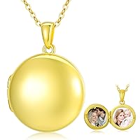 SOULMEET Personalized 10K 14K 18K Solid Gold Minimalist Round Locket Necklace That Holds 2 Pictures Photo Locket with Gold Chain Letters Engraving Gold Locket Gift