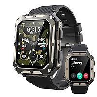 Military Smart Watch for Men, Bluetooth Rugged Smart Watch, Bluetooth Call, IPX8 Waterproof, AI Voice Assistant with HR Monitor for Sport Hiking Camping (Black)