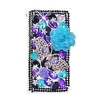 Crystal Wallet Case Compatible with iPhone 11 - Rose Butterfly Flowers - Black&Purple - 3D Handmade Glitter Bling Leather Cover with Screen Protector & Neck Strip Lanyard