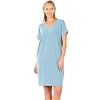 Zenana Rolled Short Sleeve V-Neck Dress Blue Grey 2X