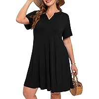 ZENNILO Women's Plus Size Summer Casual T Shirt Dresses V Neck Short Sleeve Swing Loose Flowy Sundresses with Pockets