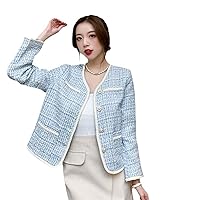 Korean Single Breasted Vintage Tweed Jacket Women Spring Short Coats Streetwear Outwear Button Long Sleeve Top