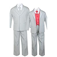 Unotux 7pc Boys Silver Suit with Satin Red Vest Set from Baby to Teen