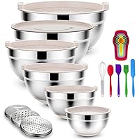 Mixing Bowls Set with Airtight Lids: 20PCS Stainless Steel Nesting Bowls - Size 7, 4, 3, 2, 1.5, 1QT Bowls with 3 Grater Attachments & Non-Slip Bottoms for Baking & Prepping
