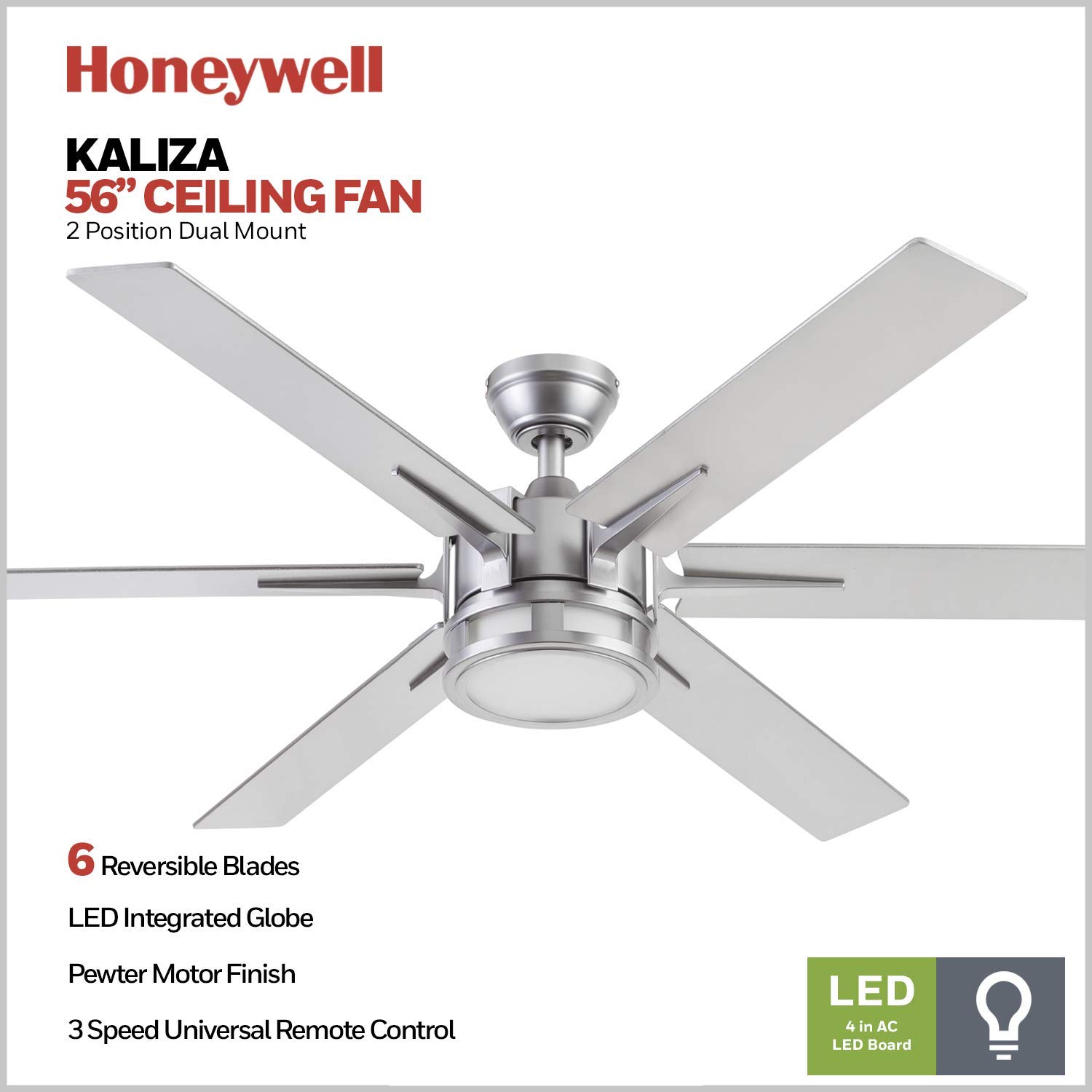 Honeywell Ceiling Fans Kaliza, 56 Inch Indoor Modern LED Ceiling Fan with Light and Remote Control, Dual Mounting Options, 6 Blades with Dual Finish, Reversible Motor - 51626-01 - (Matte Nickel)