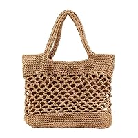 Straw Bag, Cotton Woven Beach Bag Crochet Travel Tote Handbag Casual Summer Shoulder Bag for Women Beige