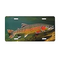 Brook Trout Fly Fishing License Plate Cover Car Front License Plates with 4 Holes Stainless Steel Metal Car Plate Tag Funny Novelty Vanity Tag Screw Decorative Men Women