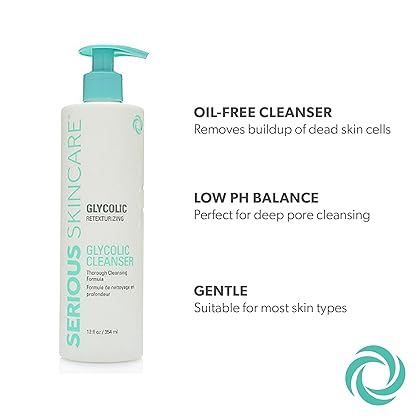 Serious Skincare Glycolic Cleanser 12 oz. - Glycolic Acid Skin Retexturizing Facial Wash - Aloe Leaf Juice – Normal, Oily, Combination Skin - Creamy Deep Pore Cleansing Formula