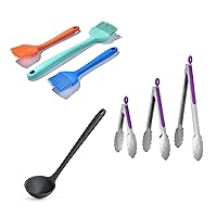 U-Taste 18/8 Stainless Steel Kitchen Tongs with Sturdy Metal Tips (Set of 3, Purple), and 600ºF Heat Resistant Angled Silicone Basting Pastry Brushes (Multicolors), and 600ºF Heat Resistant