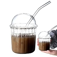 Iced Coffee Glass with Straw and Lid 14oz/450ML Reusable Iced Latte Cup Wide Mouth Detachable Smoothie Drinking Glass Iced Coffee Tumbler for Soda Home Office Bar Dome Cups With Lids Transparent