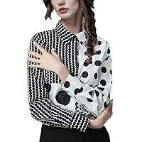 Color Block Womens Long Sleeve Polka Dots Shirt Autumn Turn-Down Collar Button-Down Top Female Work Wear Blouse