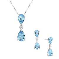 Lab-Created White Sapphire and Blue Topaz Pear Drop Pendant and Earrings Set, Sterling Silver 18’’ Box Chain, Birthstone Jewelry Set