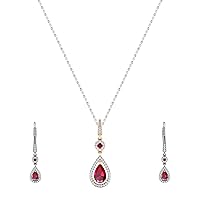 Dazzlingrock Collection Pear & Round Shape Lab Created Ruby and Natural Round White Diamond Teardrop Style Pendant & Dangle Earrings Set for Women in Gold