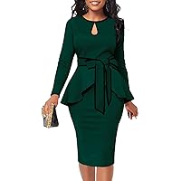 Yiershu Women's Long Sleeve Dresses Keyhole Neckline Knee-Length Peplum Business Formal Bodycon Pencil Dress with Belt Back Zipper Wear to Work（Dark Green,XXL