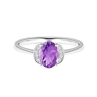 7X5 MM Oval Amethyst Gemstone Cocktail 925 Silver Solitaire Accents Ring
