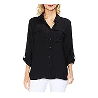 Vince Camuto Womens Black Pocketed Utility Roll-tab Sleeve Point Collar Button Up Top XXS