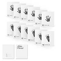 14 Pieces Baby Inkless Milestone Cards,1 Month to 12 Month Hand and Footprint Kit,Dog or Cat Pet Paw Print Kit,Newborn Safe Inkless Pad,Hello World Newborn Sign Memory Kit(14 Ink Pad+14 Papers)