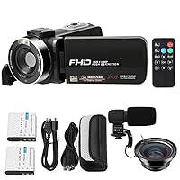 1080P Camcorder, 3.0 Inch Touch Screen 24MP Digital Video Camera IR Night Vision 16X Digital Zoom Remote Control DV Recorder with External Microphone & 0.39X Wide Angle Lens & 2 Battery(#2)