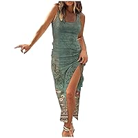Bodycon Dresses for Women Vintage Print Summer Sleeveless Sundress Elegant Ribbed Drawstring Ruched High Slit Dress