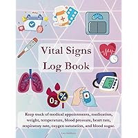 Vital Signs Log Book: Keep track of medical appointments, medication, weight, temperature, blood pressure, heart rate, respiratory rate, oxygen saturation, and blood sugar.