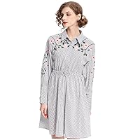 Women Long Sleeve Polo Neck Cotton Embroider Stripe Shirt Dress