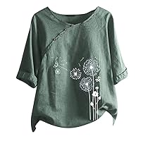 Women Summer Cotton Linen Tshirt Tops Trendy Dandelion Print Casual Loose Fit Tunic Tee Lady Plus Size Crewneck Blouse
