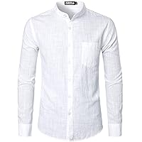 ZEROYAA Men's Fitted Cotton Linen Long Sleeve Banded Collar Button Up Shirts Lightweight Beach Tops with Pocket