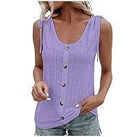 Women Fashion Jacquard Button Trim Eyelet Tank Tops Summer Flowy Lace-Up Shoulders Sleeveless Casual Loose T-Shirts
