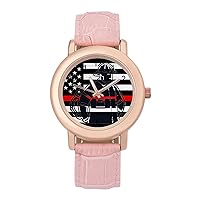 Firefighter USA Flag Fireman Women's Watches Classic Quartz Watch with Leather Strap Easy to Read Wrist Watch