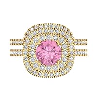 Clara Pucci 1.8ct Round Cut Simulated Pink Diamond 18K Yellow Gold Halo Solitaire W/Accents Engagement Bridal Wedding ring band Set